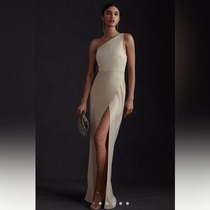 BHLDN Dylan One-Shoulder Satin Side-Slit Gown